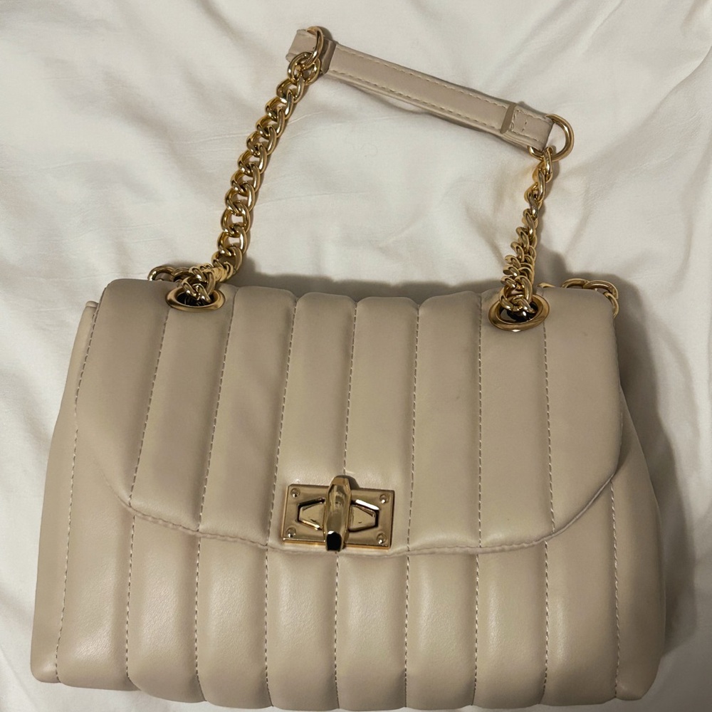 Beige Quilted Chain-Handle Women's Shoulder Bag